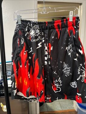 Reason Black Athletic Shorts with Red Flame Graphic